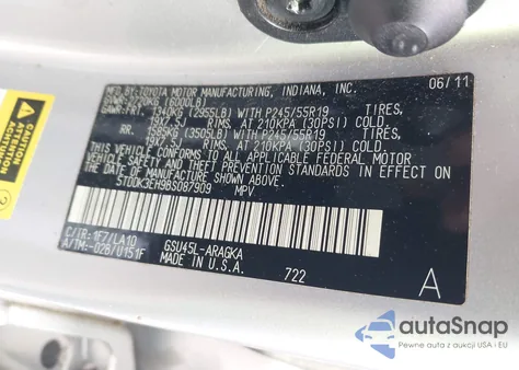 2011 Toyota Highlander Limited V6 from USA, damaged, VIN 5TDDK3EH9BS087909